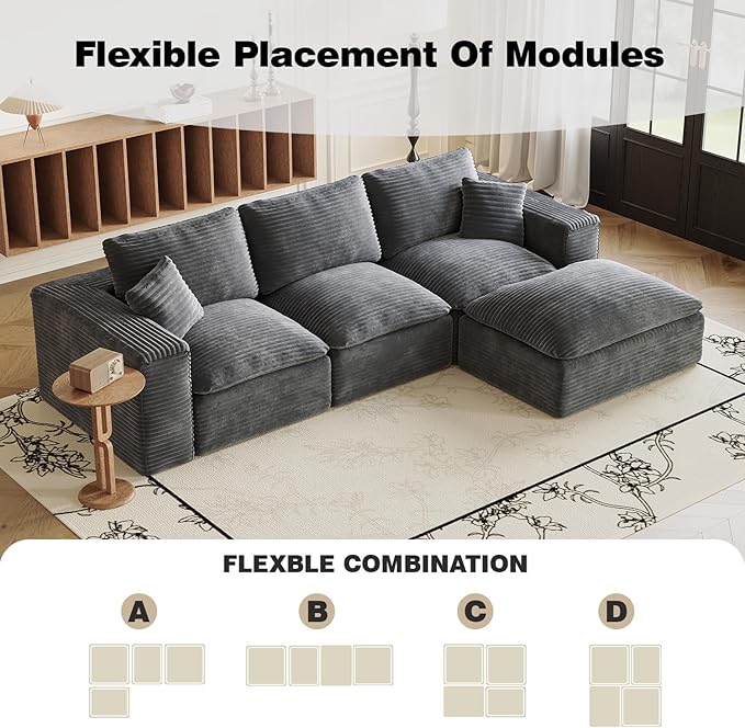 Ball & Cast 108" Cloud Sectional Couches for Living Room,Convertible L Shaped Couch with Deap Seat & Movable Ottoman,3 Seater Modular Sectional Sofa,Free Combination,No Assembly Required,Grey