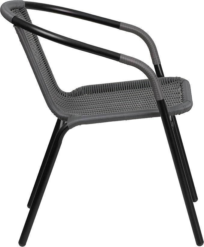 EMMA + OLIVER Set of 2 Modern Rattan Indoor/Outdoor Stack Chairs, Stacking Rattan Patio Chairs with Curved Back and Cross Bracing, Gray - Image 8
