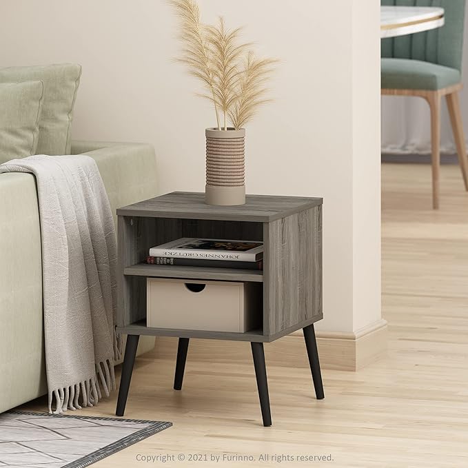 Furinno Claude Side Table, 2-Tier Square Mid-Century End Table with Wooden Legs, Open Shelf Night Stand, Bedside Table, for Living Room, Bedroom, French Oak Grey