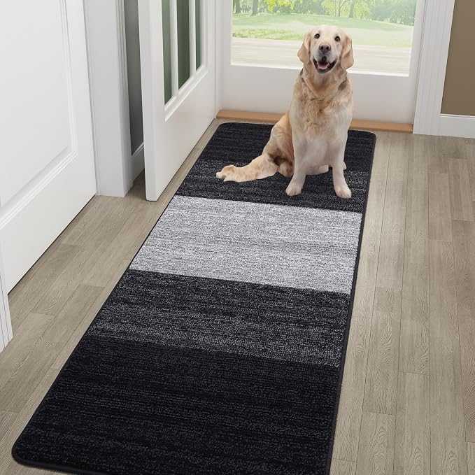Kitinjoy Indoor Outdoor Door Mat, 48x30 Non-Slip Absorbent Dirt Trapper, Low-Profile Washable Inside Entrance Front Floor Mat, Sturdy Soft Entry Doormats for Entryway, Black by Kitinjoy