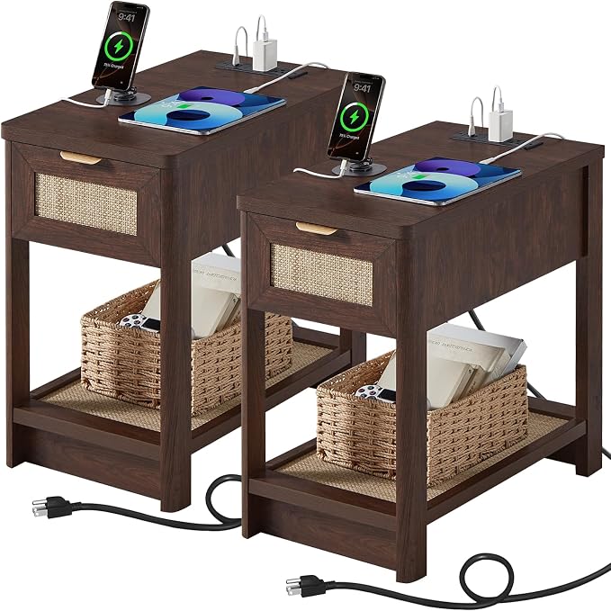 Lerliuo Narrow Night Stand Set of 2 with Charging Station, Boho Nightstand with Drawer, Bed Side End Table with Rattan Shelf for Small Spaces, Wood Nightstands Bedside Tables for Living Room Bedroom by Lerliuo