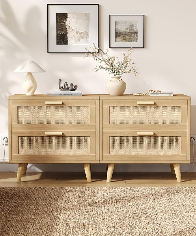 Keehusux 23.6" W Rattan Nightstand with Charging Station, Large Bedside Table with 2 Drawers, Wooden End Table with Solid Wood Legs, Boho Night Stand for Bedroom, Natural Oak KES009MECTG - Image 5