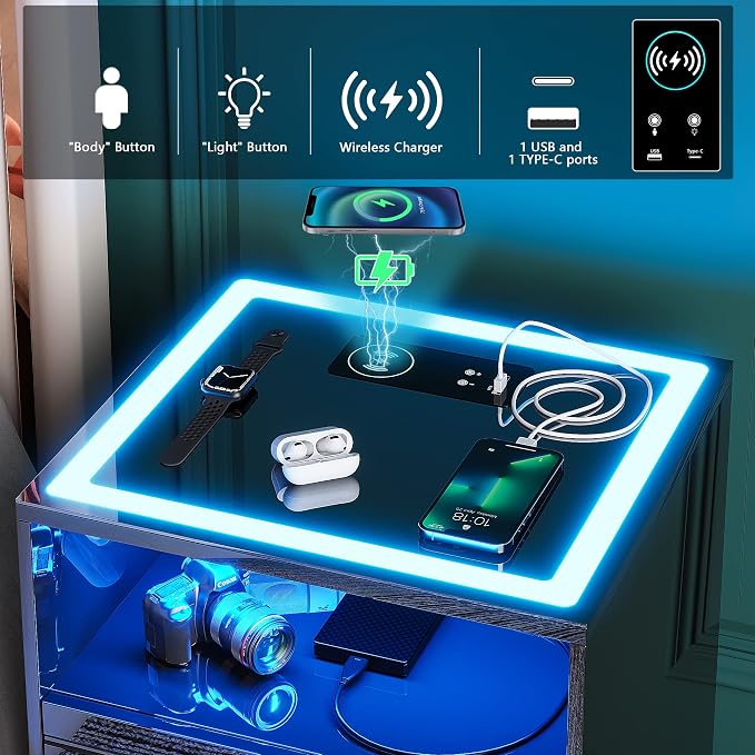 Lvifur LED Nightstand with Wireless Charging Station,3 Color Dimmable Auto Sensor Night Stand for Bedroom Furniture,Touch Screen Bedside Table with USB&Type-C Ports and 3 Drawers - Image 3