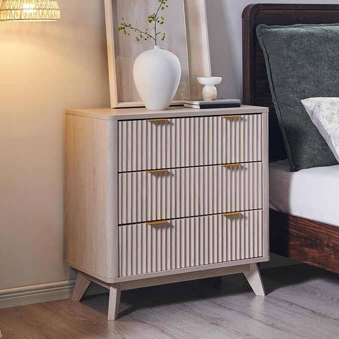 T4TREAM Fluted 3 Drawer Dresser, 32" Tall Modern Chest of Drawers, Curved Profile Design, Wood Drawer Organizer for Bedroom, Living Room, Hallway, Entryway, White Alder by T4TREAMFurniture