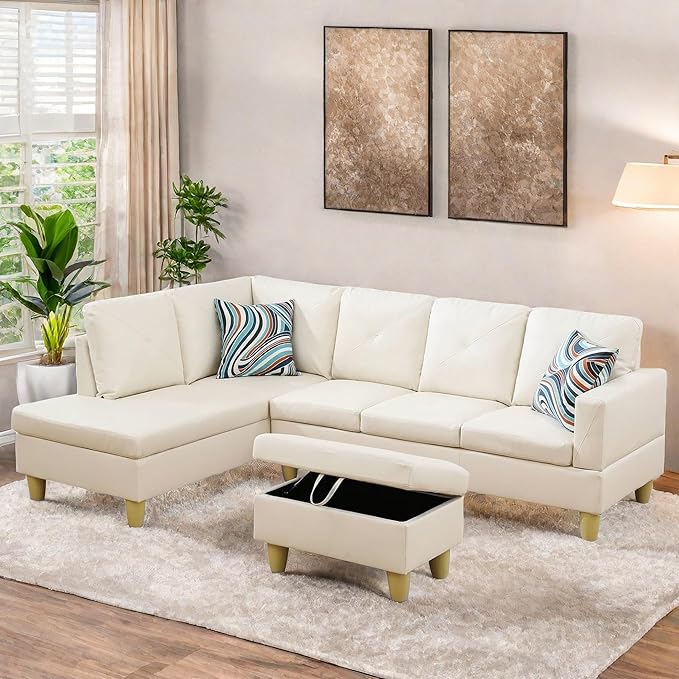 FONTOI L Shaped Sectional Couch Sofa, Modern Couches for Living Room, Comfy 4 Seat Modular Sectional Sofa with Ottoman Storage for Bedroom Apartment, White