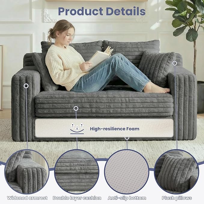 3-in-1 Convertible Sofa Bed: Boneless Loveseat Sleeper & Folding Couch Bed with 4 Pillows & Detachable Cushion, Furry Futon Couch for Bedroom, Apartment, Office and Living Room, No Assembly, Grey