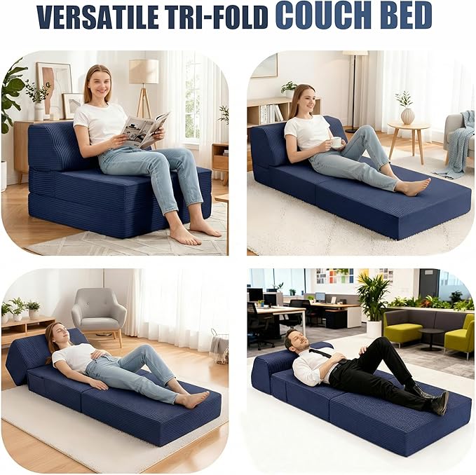 Folding Sofa Bed with Pillow, Memory Foam Fold Out Chair Bed, Convertible Sleeper Chair with Washable Cover, Futon Floor Couch for Living Room/Dorm/Guest Use/Home Office/Apartment, Navy Blue
