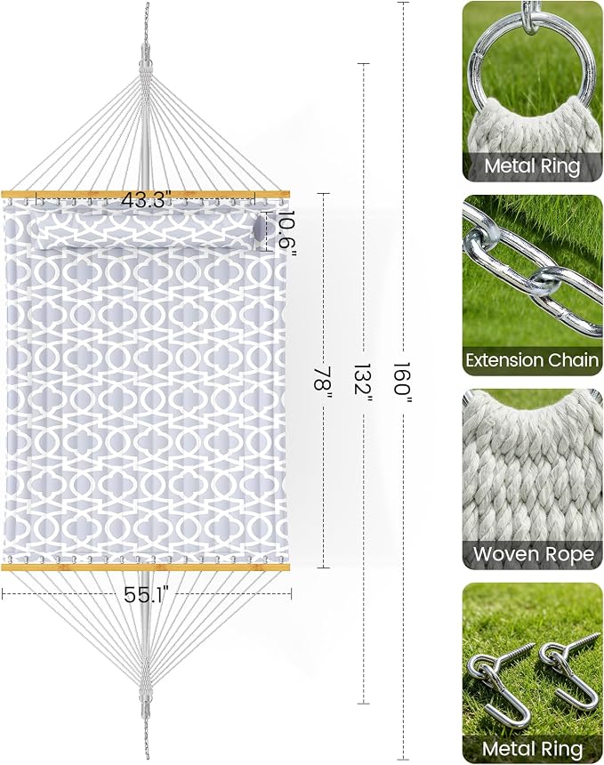 ANAGOO Double Quilted Outdoor Hammock for 2 Adults, 500lb Capacity Backyard & Camping Hammock with Pillow and Bamboo Spreader Bar, Fits 11–15ft Hammock Stands (Stand Not Included),Light Gray - Image 6