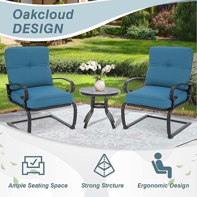 Oakcloud 4-Piece Outdoor Metal Furniture Sets Patio Conversation Set Wrought Iron Glider, 2 Spring Lounge Chairs and Round Side Table, Peacock Blue