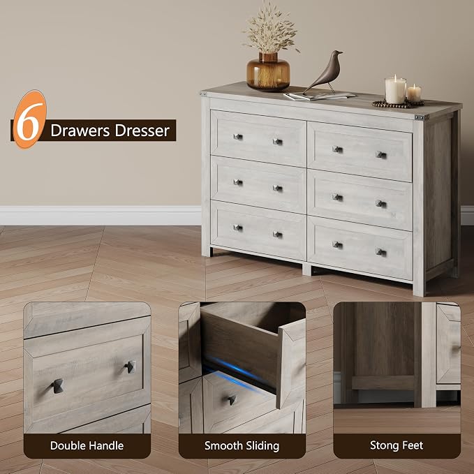 Dresser for Bedroom with 6 Drawers, Farmhouse Wood Chest of Drawers, Wide TV Stand Closet Storage Furniture with Metal Handle, Modern Clothes Organizer for Hallway, Living Room, Entryway, Light Grey - Image 5