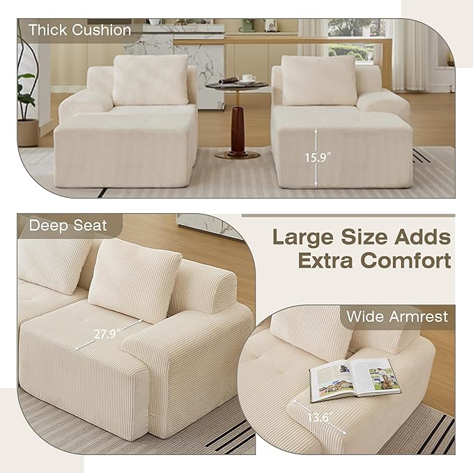 Boneless Couches for Living Room, Corduroy Couch, Modular Sectional Sofa, Big Comfy Couch, Modular Cloud Sofa with Deep Seat, Sofa Bed (White, 4 Pieces-Bedshape)