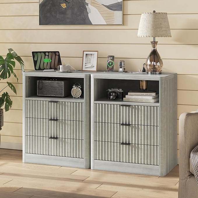 FUSOU Fluted Night Stand Set 2, Nightstands with Charging Station and LED Lights, Modern Bedside Table with 3 Drawers and Open Shelf, End Table with Storage, Night Stand for Bedroom, Grey - Image 2