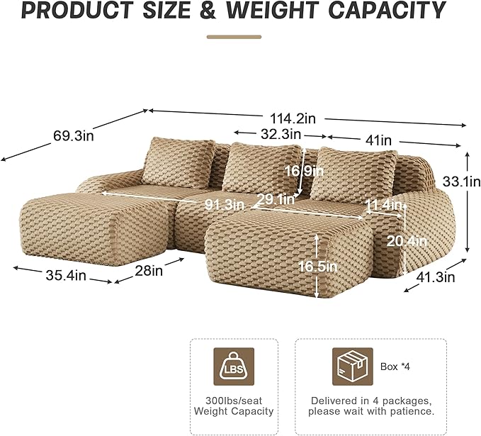 114" U-Shaped Compressed Sectional Cloud Sofa, Flannel Upholstered Modular Deep Seat Sofa with 5 Pieces, Symmetrical Boneless Foam Modular Cloud Couches for Living Room