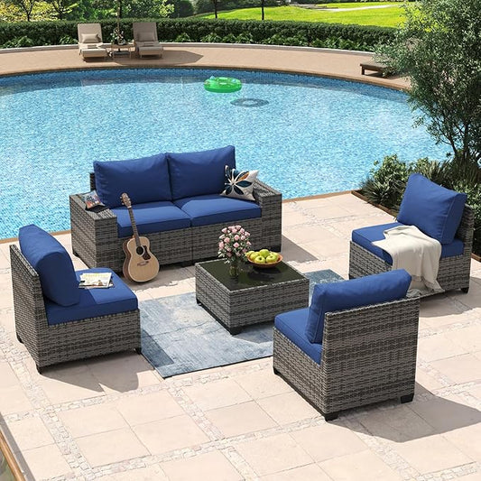 Aoxun 6 Piece Patio Furniture Set with Wide Armrests Wicker Rattan Outdoor Sectional Sofa Set with Coffee Table and Thickened Cushions, Grey/Blue(Waterproof Cover Included)