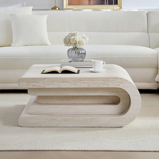 Square Coffee Table 33.86" Faux Marble Pattern Wood Center Table with Layered Base for Living Romm Apartment, No Need Assembly