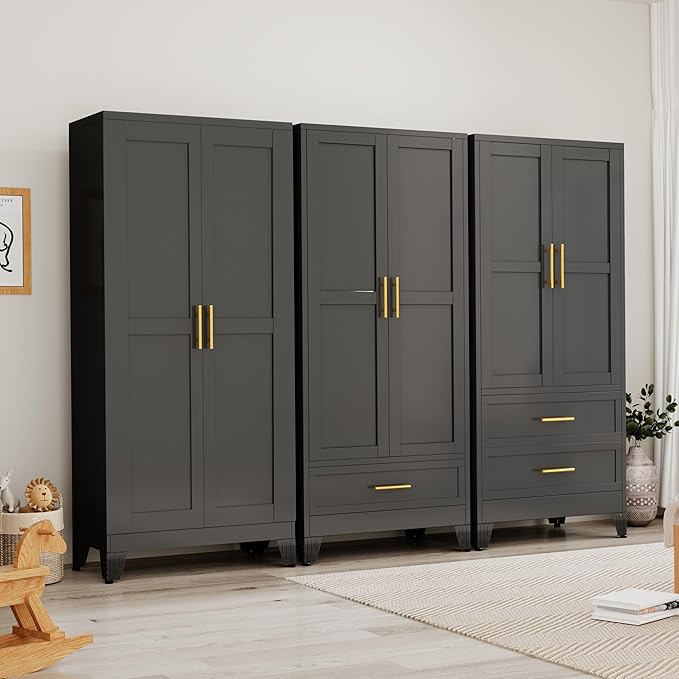 Ckzbx 71" H Metal Armoire Wardrobe Closet with Drawer, Adjustable Shelf, Clothes Drying Pole, Clothes Storage Closet for Bedroom (Black)