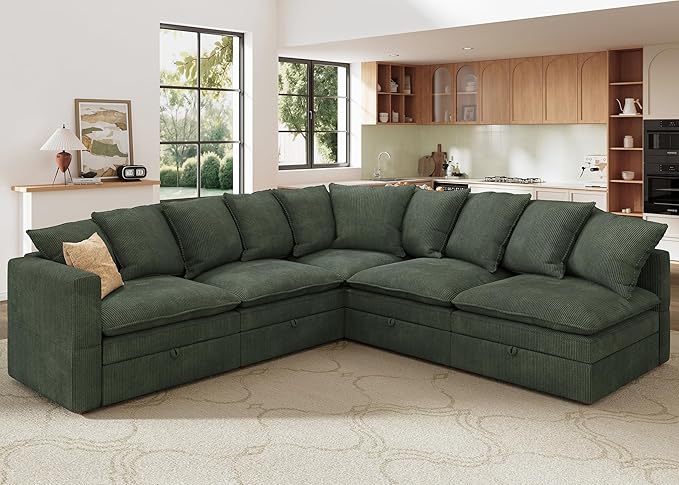 HONBAY Modular Sectional Sofa, 5 Seaters Corduroy Sectional Couch, L Shaped Sofa with Storage & Adjustable Backrest, Green