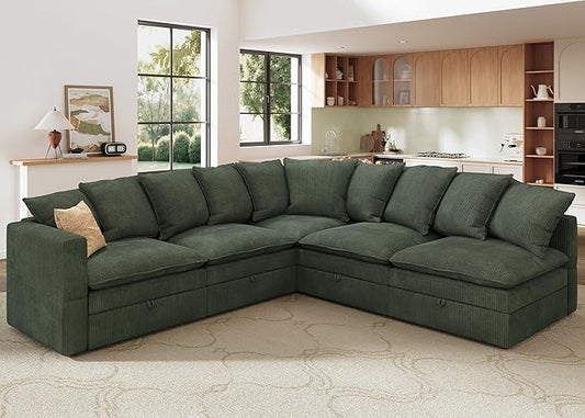 HONBAY Modular Sectional Sofa, 5 Seaters Corduroy Sectional Couch, L Shaped Sofa with Storage & Adjustable Backrest, Green