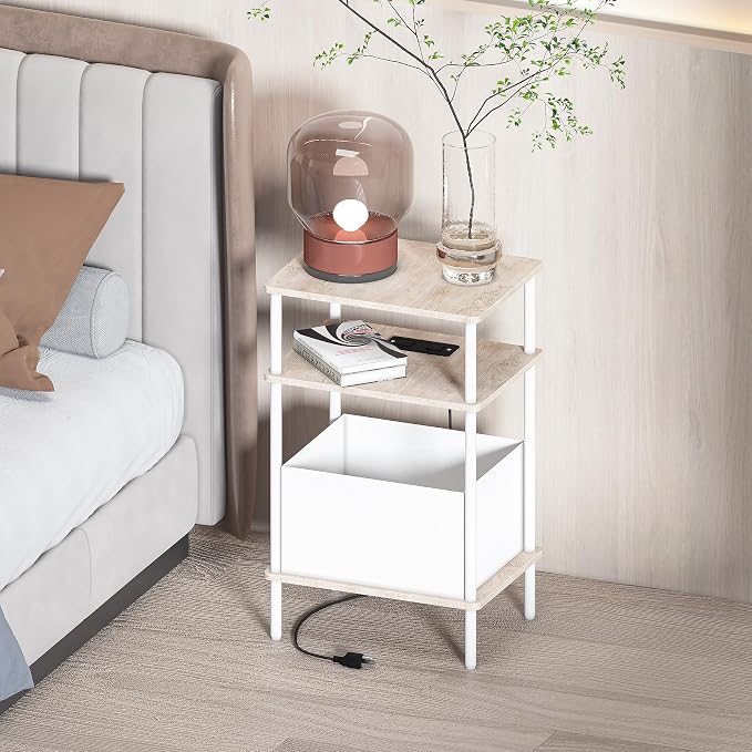 Small Side Table with Charging Station, Set of 2 End Table for Small Spaces, Slim Nightstand with Outlet,Sofa Beside Table, 3-Tier Storage Shelf,Living Room, Bed Room, Natrual Oak - Image 2