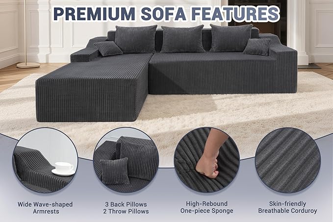 HABUTWAY 101'' Modular Sectional Sofa Cloud Couch with Deep Seat, Modern L-Shaped Convertible Couches Upholstered Couch with Chaise for Living Room Bedroom (Grey, Left-Facing Chaise)