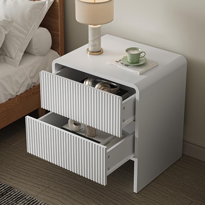Set of 2 Curved Nightstand with 2 Drawers, Wooden Bedside Table with Push to Open Storage, Modern End Table for Bedroom, White - Image 4