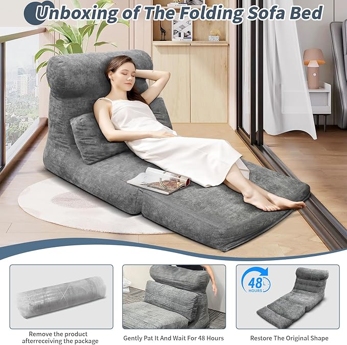 Folding Sofa Bed, Floor Couch for Adults Chair Bed, Convertible Sleeper Chair with Back Support Washable Cover, Deep Seat Sleeper Couch for Living Room