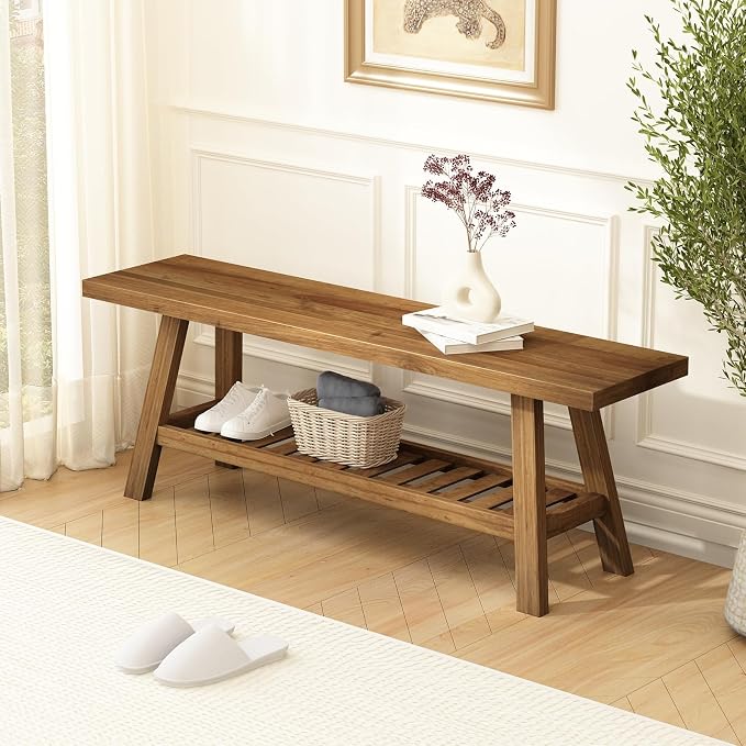 HOKYHOKY Reclaimed Solid Wood Bench-43.3" Farmhouse Entryway Bench with Storage Shelf, Narrow Rustic Bench for Hallway, Kitchen, Bedroom, Dining by HOKYHOKY