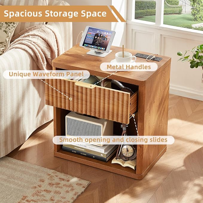 LEYAOYAO Fluted Farmhouse Nightstand Set of 2 with Charging Station, 23" Wide 1 Drawers Night Stand,Brown Dresser for Bedroom,Bed Side Table Chest of Drawers,Wood End Table for Living Room - Image 5