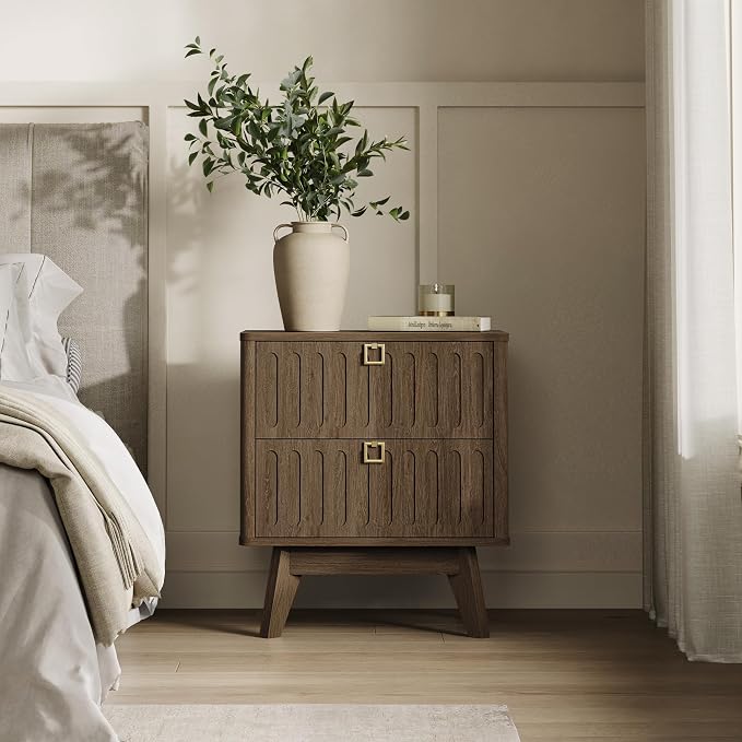 SICOTAS Modern Fluted Nightstand with 2 Drawers, 21" Wide Wood Bedside Table with Gold Handle, Mid-Century End Table for Bedroom, Apartment - Image 2