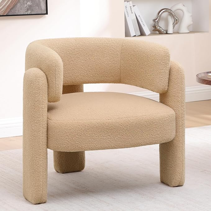 Accent Chair for Living Room, Modern Sherpa Barrel Chair, Upholstered Living Room Chairs with 3 Legs, Comfy Armchair Reading Side Chair for Bedroom, Office, Apartment, Khaki