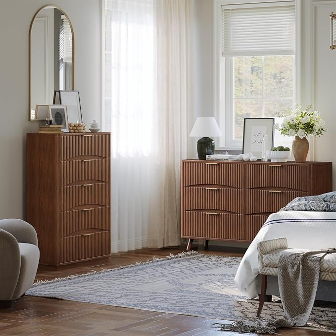 Evermagin Fluted 5 Drawers Dresser, 47" Tall Wooden Dressers Storage Organizer,Modern Chest of Drawers for Bedroom with Deep Storage, Living Room,Entryway, Walnut - Image 3