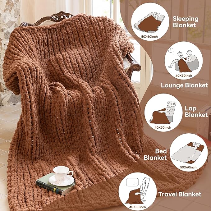 Chunky Knit Blanket - Luxury Soft Cozy 40 * 50 Throw Blanket,100% Woven Blanket Rope Knot Throw Blanket for Couch, Sofa, Home Decor, Gift - Machine Washable (Reddish-Brown, 40 * 50)