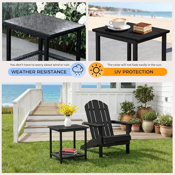 2-Tier Outdoor Side Table with Storage, Weather Resistant Patio End Table, HDPS Small Accent Table for Deck, Garden, Pool, Backyard, Black - Image 6