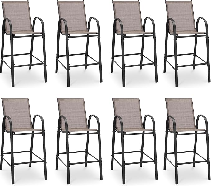 HOMREST Outdoor Bar Height Stools Set of 8,High Back Patio Chairs with Armrests,Textilene Chairs with Breathable Fabric & Metal Frame for All Weather,Taupe by HOMREST