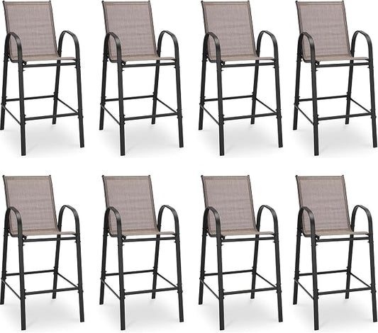 HOMREST Outdoor Bar Height Stools Set of 8,High Back Patio Chairs with Armrests,Textilene Chairs with Breathable Fabric & Metal Frame for All Weather,Taupe by HOMREST
