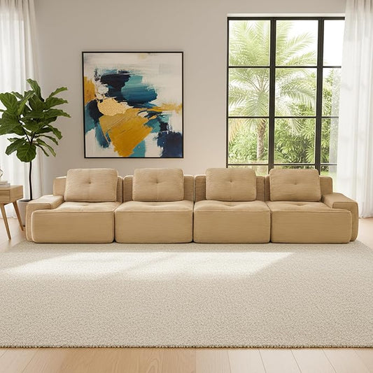Casaphoria 150'' Camel Corduroy Cloud Couch, 4-Seater Boneless Sectional Sofa with 4 Pillows for Living Room, Deep Seat Sofa, No Assembly Required