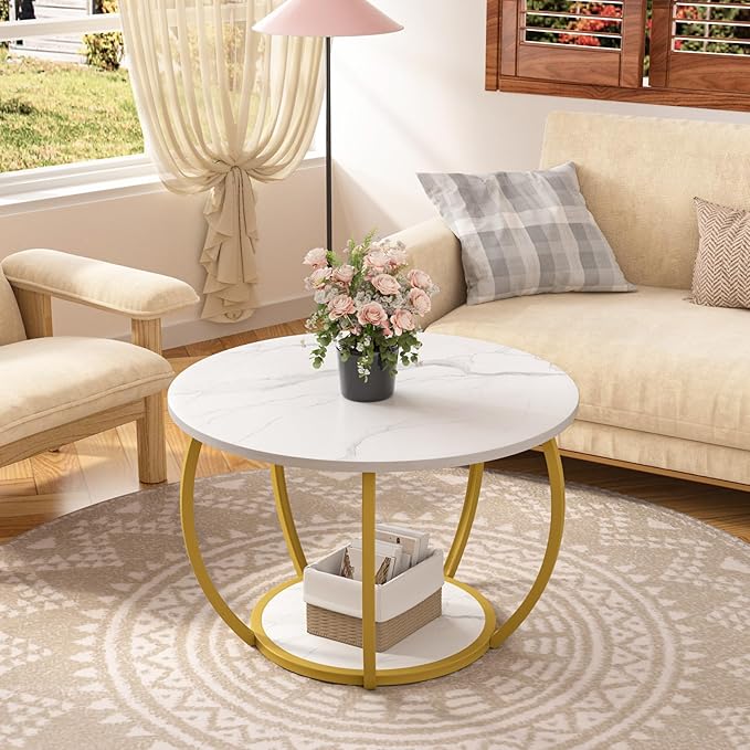GreenForest Round Coffee Table with 2-Tier Open Storage, 27.6 inch Small Circle Coffee Tables with Adjustable Feet, Modern Mini Center Table for Small Living Room, White and Gold