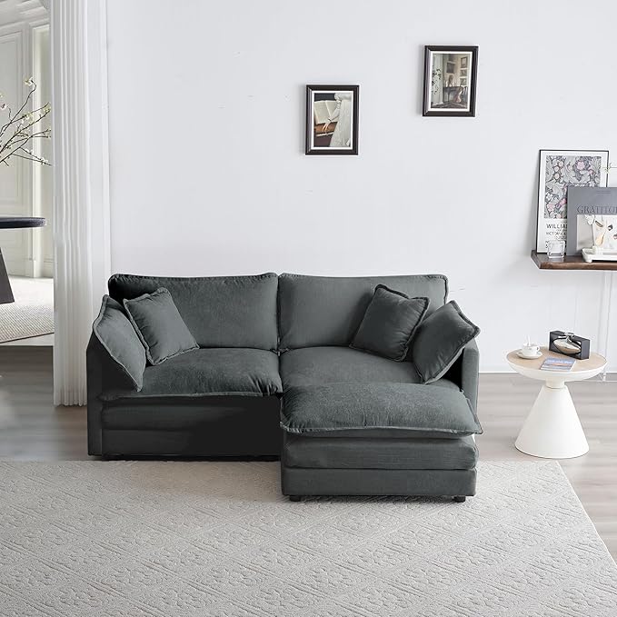 KEIKI Loveseat Sofa, Upholstered 2 Seater Couch with 1 Footrest, Oversized L-Shaped Sectional Sofa with Ottoman for Living Room Bedroom Office, Gray