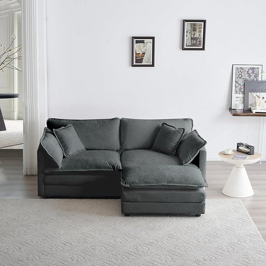 KEIKI Loveseat Sofa, Upholstered 2 Seater Couch with 1 Footrest, Oversized L-Shaped Sectional Sofa with Ottoman for Living Room Bedroom Office, Gray