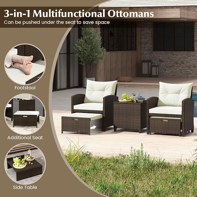 Tangkula 5 Pieces Patio Conversation Set, PE Wicker Outdoor Furniture Set with 2 Chairs, 2 Ottomans & Tempered Glass Coffee Table, Ideal for Poolside, Backyard, Lawn, Deck, Mix Brown & Off White