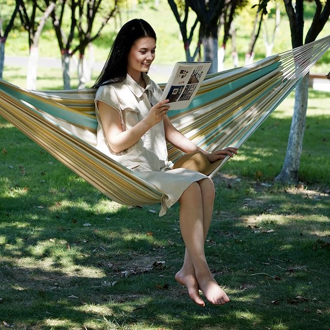 Brazilian Hammock with Tree Straps - Cotton Hammocks Portable Hammock with Carry Bag for Backyard, Porch, Outdoor and Indoor Use Yellow & Green - Image 3