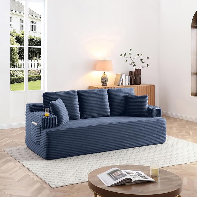 Eafurn Floor Loveseat Boneless Sofa Couch in a Box with Cup Holder and Side Pockets, 3 Seater Comfy Corduroy Upholstered Foam Couch with Deep Seating for Living Room,No Assembly | Breathable material, Cupholders