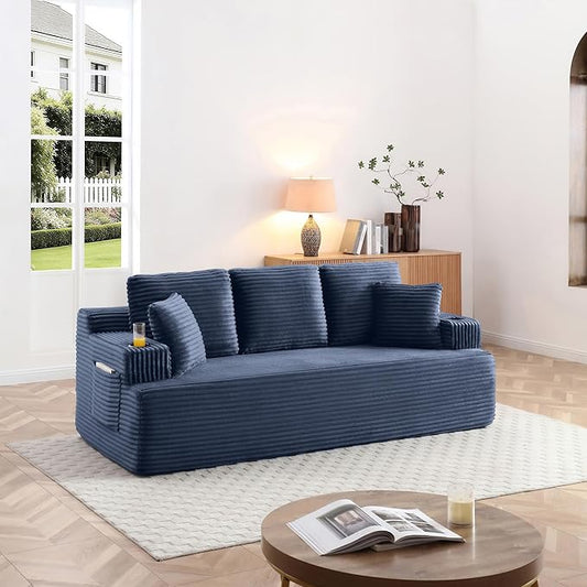 Eafurn Floor Loveseat Boneless Sofa Couch in a Box with Cup Holder and Side Pockets, 3 Seater Comfy Corduroy Upholstered Foam Couch with Deep Seating for Living Room,No Assembly | Breathable material, Cupholders