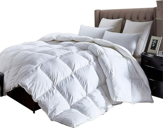 Luxurious King Size Lightweight Goose Down Comforter Duvet Insert All Season, 1200 Thread Count 100% Egyptian Cotton, 42 oz Fill Weight, White Color