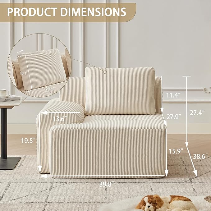 Modular Sectional Sofa with Movable Ottoman, 1 Seat Deep Seat Couch with 1 Pillow, Comfy Cloud Sectional Sofa for Living Room, Bedroom and Apartment (White, 1 Left)