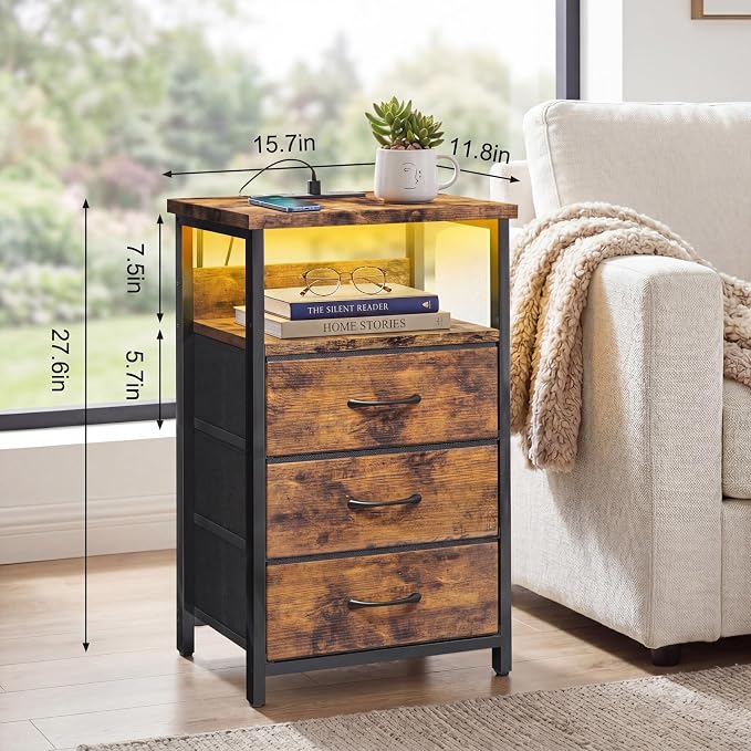 Fixwal Night Stand with Charging Station, LED Nightstand with Fabric Drawers, End Table with PU Finish, Bed Side Table, Rustic Brown - Image 3