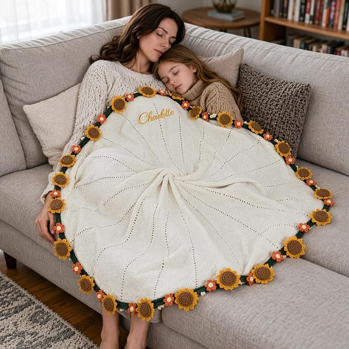 Personalized Handmade Crochet Rose Flower Blanket Bouquet – Custom Name Gift for Mother's Day, Valentine’s Day, Mom or Girlfriend（Sunflowers）