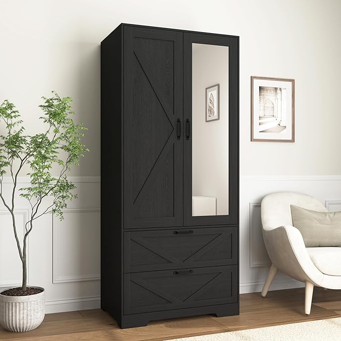 31.5'' Black 2-Door Wardrobe with Mirror, Modern Closet with 2 Drawers, Geometric Design Storage Cabinet for Bedroom