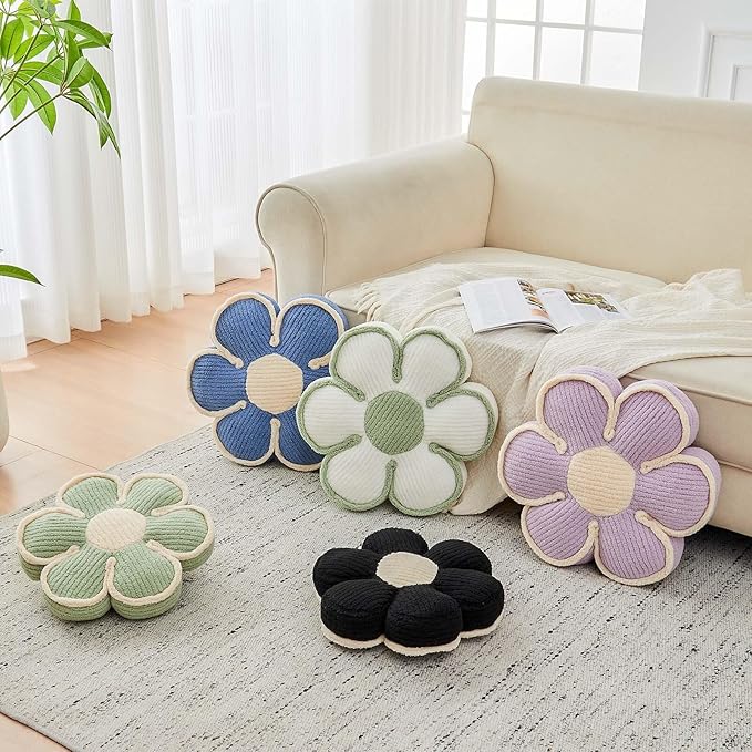 Kcvvcr Flower Pillow, Soft Flower Decorative Throw Pillow, Cute Daisy Flower Shaped Seating Floor Cushion Room Décor Plush Pillows for Sofa Couch Bed (17.7 Inch, Black)