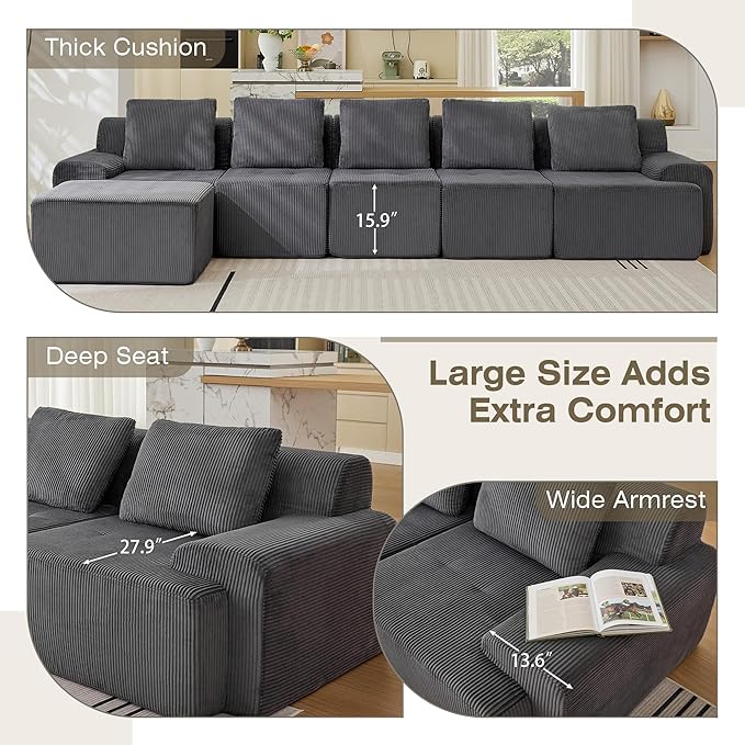 Modular Sectional Sofa, 6 Seat Modular Couch, Modular Sofa with Deep Seat and Detachable Pillow (Grey, 6 Pieces-L Shape)